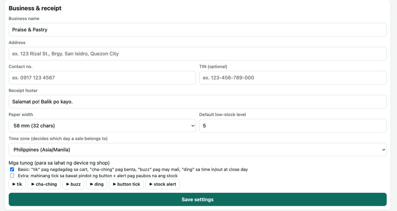 Settings, Business & receipt