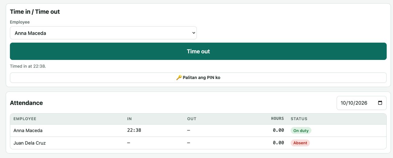 Time in / Time out at Attendance